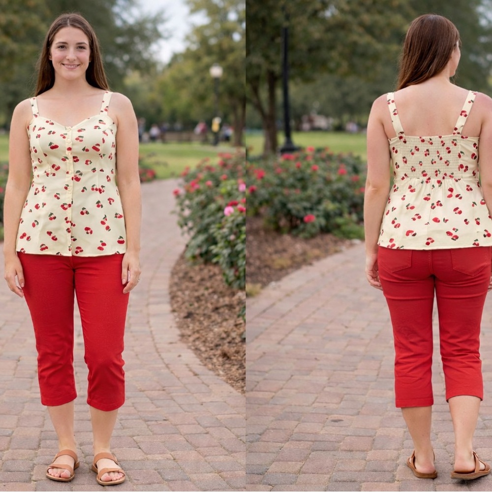 Cherry Print Drop Waist Top Cream Tank Top EUC